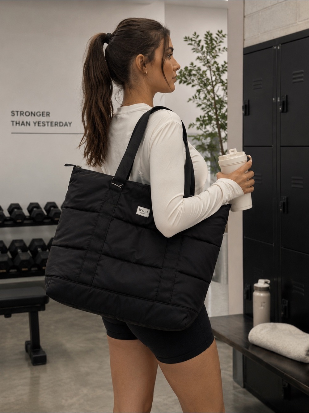 WILO The Label Black Nylon Gym Bag Puffer Weekender Tote Travel Duffel NWT $118
